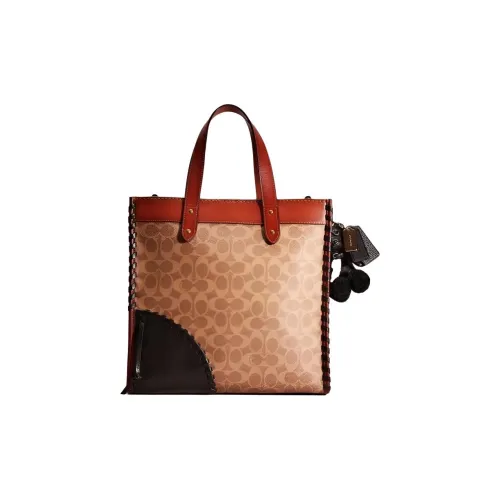 COACH Field Покрытый холст с телячьей кожей Сумка через плечо Сумка Большая Женская Коричневый и Ржавый и Черный