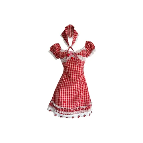 SEAR OFFICIAL Красная клетка Женские Короткие Платья с рукавами