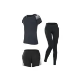 Комплект одежды [Серебряный Vein Топ + Серебряные Vein Шорты + Черные Штаны]