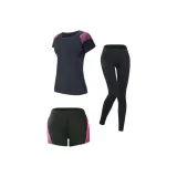 Комплект одежды [Розовый Красный Узор Топ + Розовый Красный Узор Шорты + Черные Штаны]