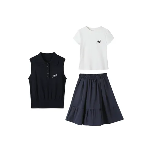 MISSHONEY MH Темно-синяя майка + белая укороченная футболка + темно-синяя юбка Женские комплекты с юбкой
