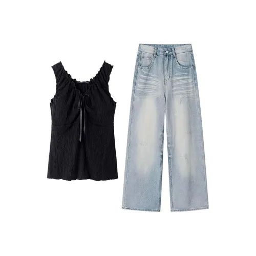 MARIE·COCO Черный топ на бретелях + джинсы, женские повседневные костюмы