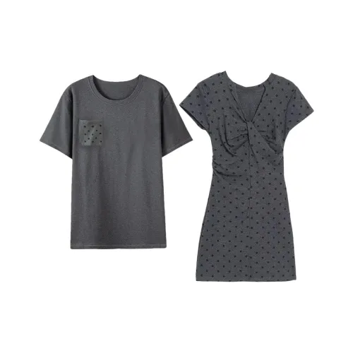 QYPRF Серый Одежда для пары Мужской топ + Женские Платье Женские Парные комплекты