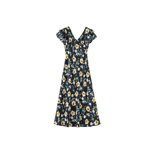 MH Черный с Желтым цветочным Женские Короткие Платья с Рукавами