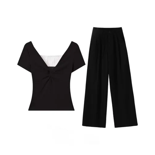 MARIE·COCO Черный топ + Брюки Женские Повседневные костюмы