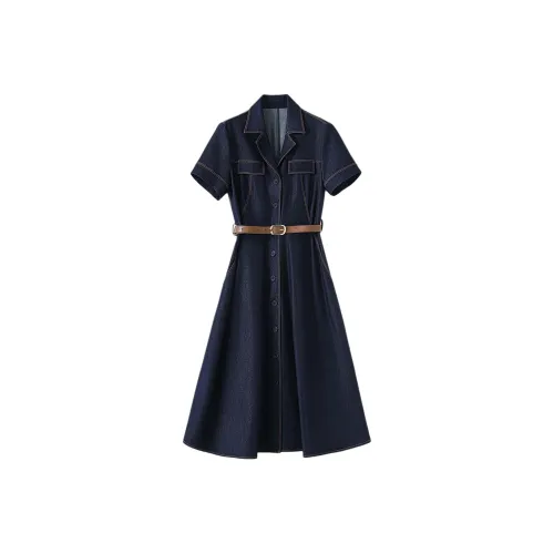 MH Темно-синий Женские Короткие Платья с рукавами