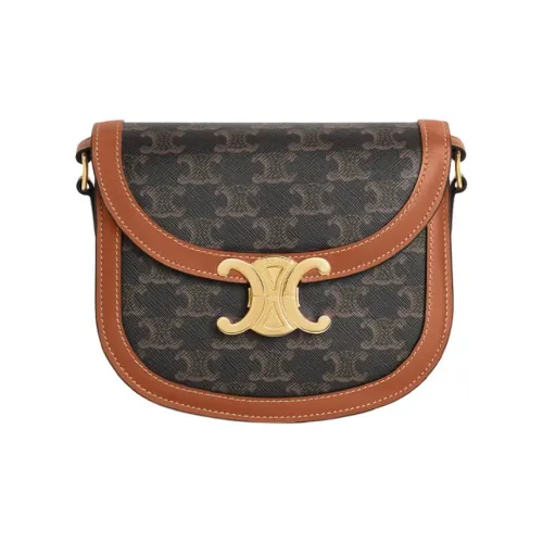 CELINE Besace Холст Панел Телячья Кожа Отделка Сумка через плечо Маленькая Женская Коричневая