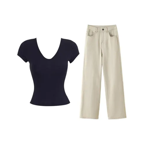 MARIE·COCO Черный топ + Брюки Женские Повседневные костюмы