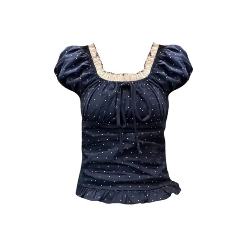 THREE Большой размер Curvy Женская Французский рукав буф Гороховый узор Рубашка Женская