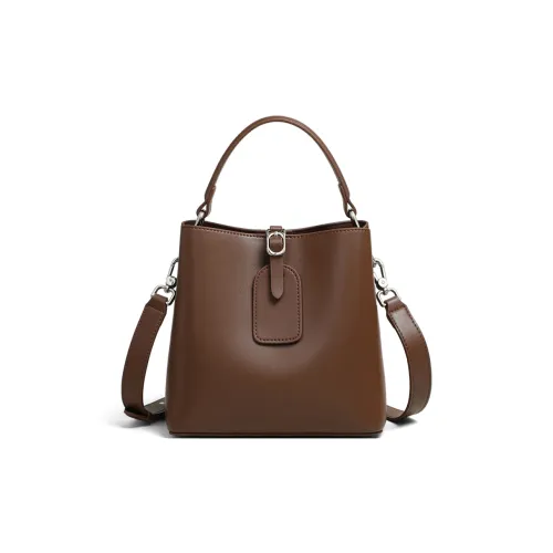 Crtnzo Kroez Коровья кожа Ведрообразная сумка Сумка через плечо Сумка Обычная Женская Кофейная Золотисто-коричневая Белая