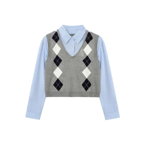 QYPRF Blue Shirt + Gray Vest Women's Knitwear QYPRF Синий Рубашка + Серый Жилет Женская Трикотаж