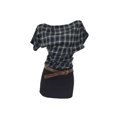 SDN by41 Клетчатый Рубашка + Короткая Юбка Женские Комплекты с Юбкой