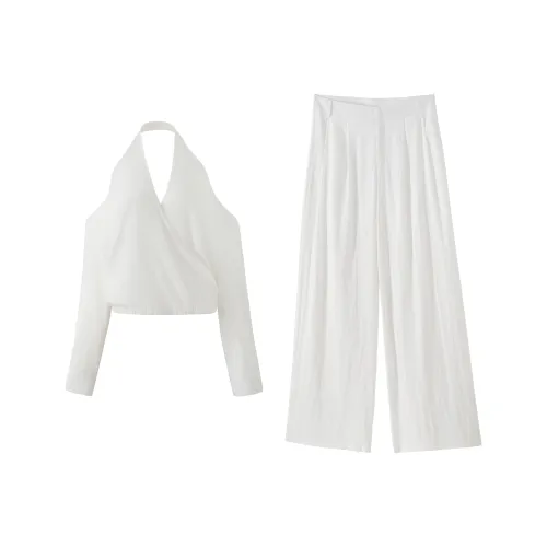 KAZAN Белый Повседневный Костюм V-образный вырез, с открытыми плечами, Топ + Брюки-клеш Женские Повседневные костюмы