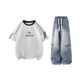 Белый, Фотиния, Серый, Топ + Синие Штаны