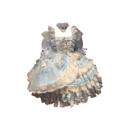 WLEQK Синий Платье + Венец Женские Лолита Платья