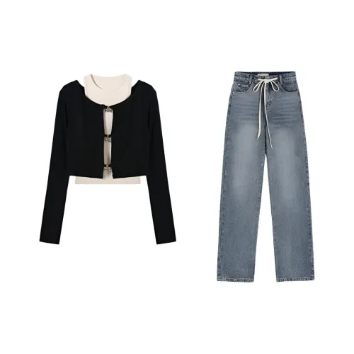 ONNFB Черный топ + Синий деним Женские Повседневные костюмы