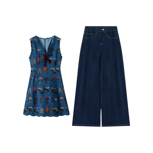 MARIE·COCO Синий топ + Широкие брюки Женские Повседневные костюмы