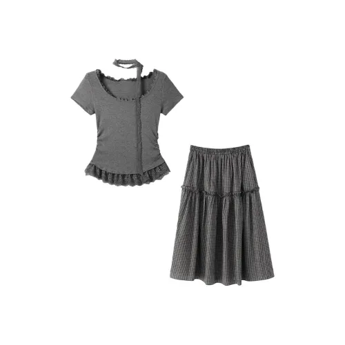 SYEEE WITH U Серый топ + Черная клетка юбка, одежда, комплекты женские с юбкой