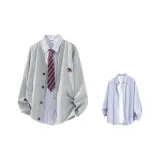 Серый кардиган + сине-белая рубашка с короткими рукавами (без воротника)