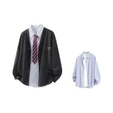 Black Cardigan + Blue White Stripes Shirt (Без воротника)