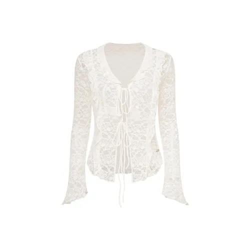 Ariseism Расклешенный рукав Дизайн Обхват талии Кружево Cut Out Длинный рукав Т-рубашка Для женских Осенний Облегающий крой Топ Женские