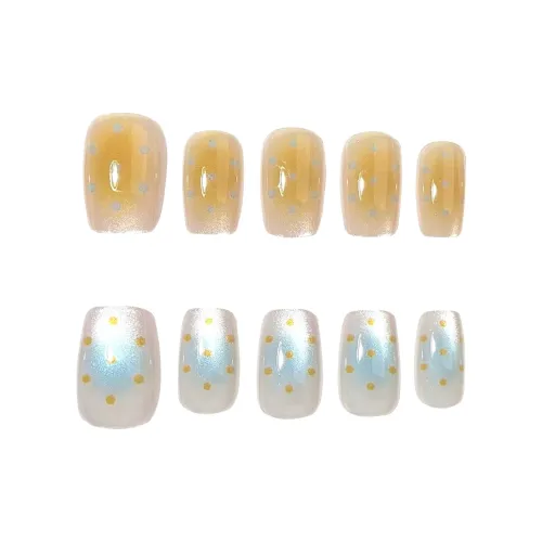 Yun Yue Joe Стеклянные бусины Keloid Гороховый узор False Nail Короткий LADDER Желто-синий Градиентный Сияние