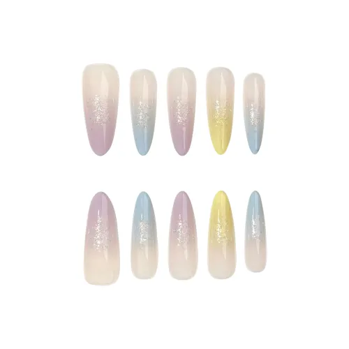 Yun Yue Joe Дофаминовая одежда Градиентный Мечтательный Мелкие блестки Макарон Длинный False Nail Овал Дофаминовая одежда Градиентный Мелкие блестки