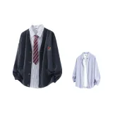 Синий кардиган + сине-белая рубашка с короткими рукавами (без воротника)