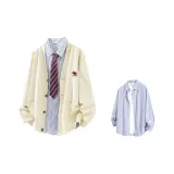 Кардиган абрикосового цвета + рубашка с синими и белыми полосками (без воротника)