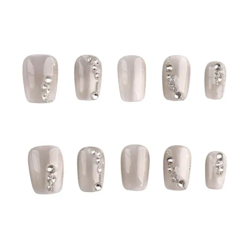 YIYIHE Элегантный Яркий Rhinestone Украшенный Бежевый Кошачий глаз MID Cropped Short Square Round Beige Solid Color