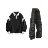 Комплект одежды (Черный топ + Камуфляжные штаны)