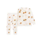 Воротник Питера Пэна с принтом, медвежонок, с длинными рукавами, топ + штаны, комплект одежды