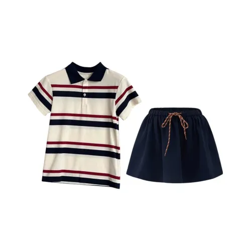 SYEEE WITH U Белый Полосатый Короткий Рукав Топ + Темно-Синяя Юбка, Комплект Женская Юбка + Топ