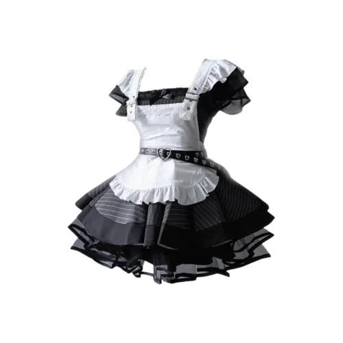 WLEQK Полосы Мини-платье с рукавами + фартук Женское платье в стиле Лолита