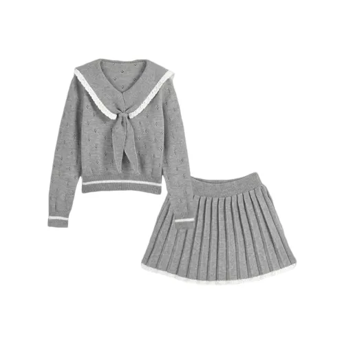 AURORA MUSE Серый Трикотажный Топ + Серый Плиссированная Юбка Женские Юбочные Комплекты