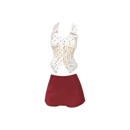 HUINIAN Белый топ + Красная юбка Женские комплекты с юбкой