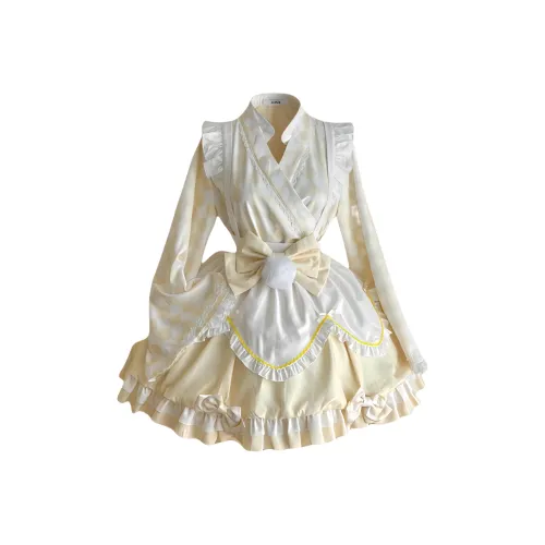 WLEQK Желтый [Юбка + Топ + Фартук + Обхват талии Бант] Женские Лолита Платья
