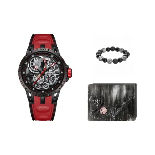 OBLVLO Автоматический Механический Механизм Резиновый Ремешок Мужские Часы Черный Циферблат