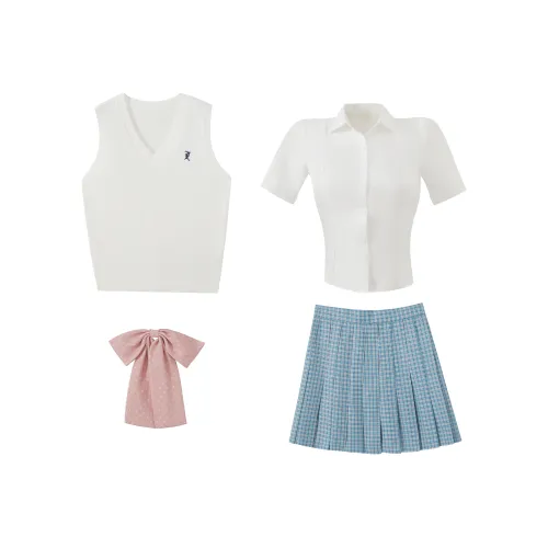 KAZAN Белый UNIFORM Четырехкомпонентный комплект Белая рубашка + Сине-белая клетка с оборками + Розовый горошек с оборками + Белый с вышивкой жилет Женская униформа