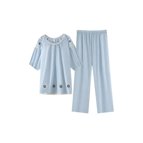ZumashL S85205# Короткий рукав Рубашка и Штаны Небесно-голубые Женские Пижамные комплекты