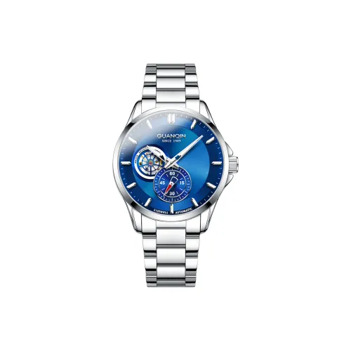 GUANQIN Автоматический Механический Механизм Нержавеющая Сталь Ремешок Часы Мужские Белый Циферблат