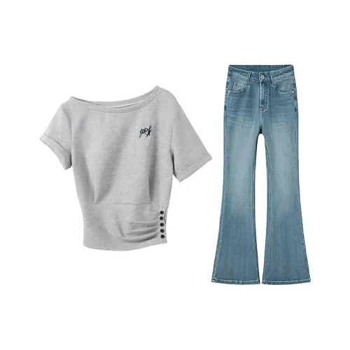 MARIE·COCO Серый топ + Джинсы Женские Повседневные костюмы