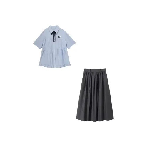 COVT Light Blue Shirt + Gray Skirt Women's Casual Suits COVT Светло-голубая рубашка + серая юбка женские повседневные костюмы