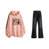 Комплект (Розовый свитшот + черные и серые джинсы)