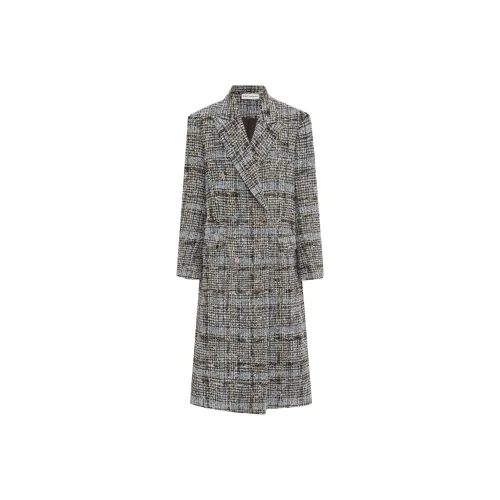 Short Sentence Звезда Пуговица Check Флированный Длинное Пальто Женское Неизвестное