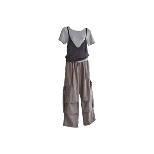 TIBINB Майка с бретелями + Короткий рукав рубашка + Карго штаны женские повседневные комплекты