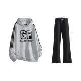 Комплект одежды (Белый Фотиния Серый Свитшот + Черные Джинсы)