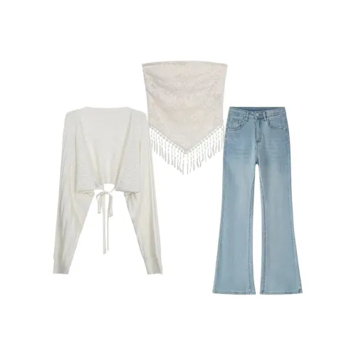 MARIE·COCO Белый кардиган без бретелек топ + джинсы женский повседневный комплект