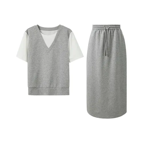3COLOUR Одежда Комплекты Фотиния Серый Топ+Юбка Женские Повседневные Костюмы