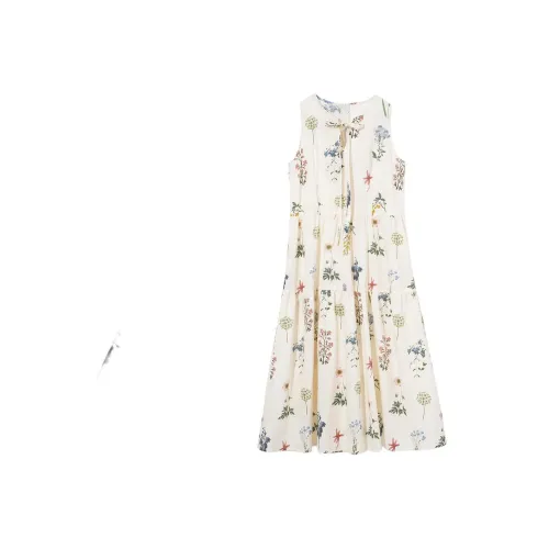 ZIMO Бежевый с Растением и Принтом Женские Платья без Рукавов